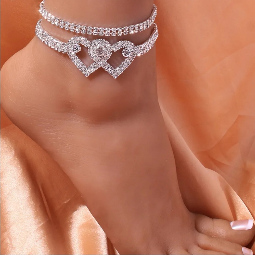 Anklet Set with Silver Rhinestones and Hearts-2 pcs. Set